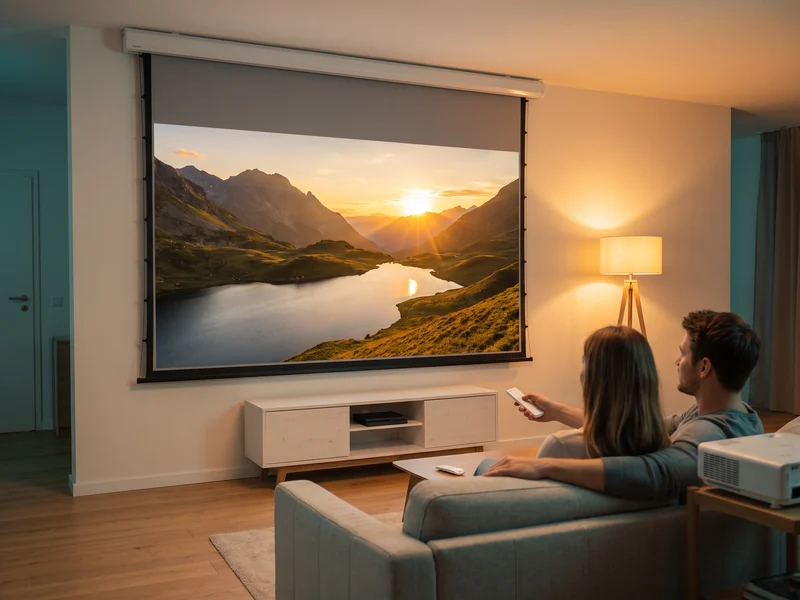 Визуализация: SHAKACHU SG100UF (GREY), 100″, моторизованный серый экран на стене гостиной, пара смотрит закат